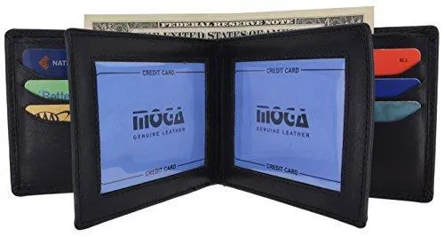 Moga Men's Bifold Genuine Leather Wallet With Double Center Flap And 3 ID Windows