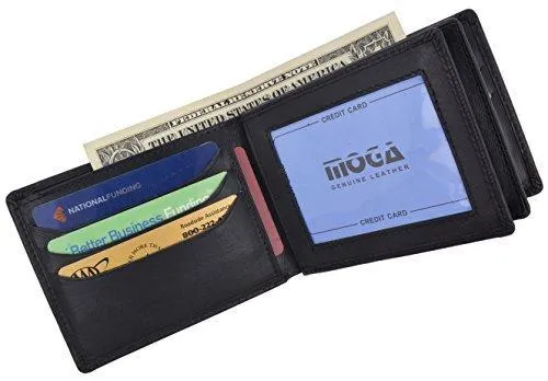 Moga Men's Bifold Genuine Leather Wallet With Double Center Flap And 3 ID Windows