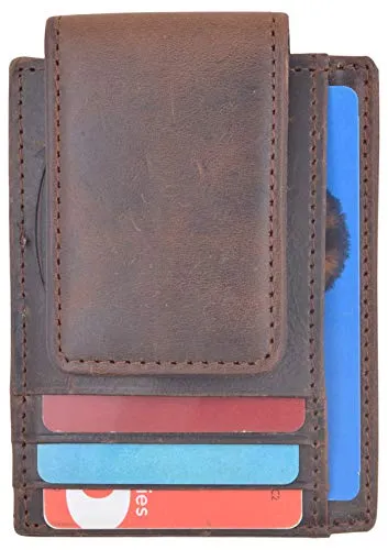 Money Clip Slim Vintage Leather Wallet For Men Front Pocket RFID Blocking Card Holder With Rare Earth Magnets