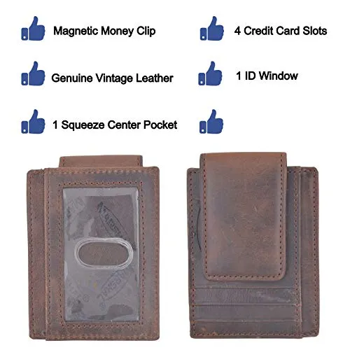 Money Clip Slim Vintage Leather Wallet For Men Front Pocket RFID Blocking Card Holder With Rare Earth Magnets