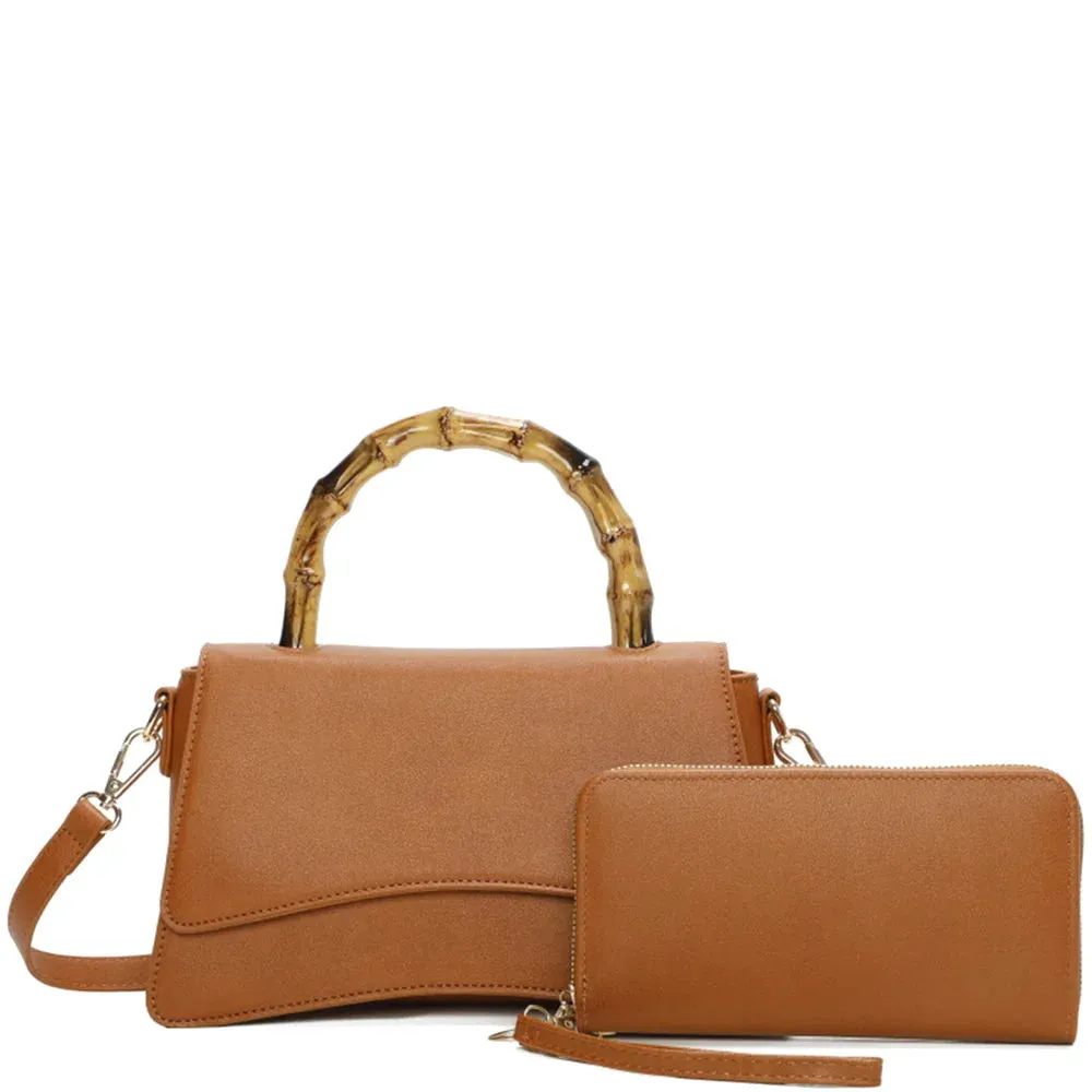 Plain Curved Wooden Handle Crossbody Bag With Wallet Set