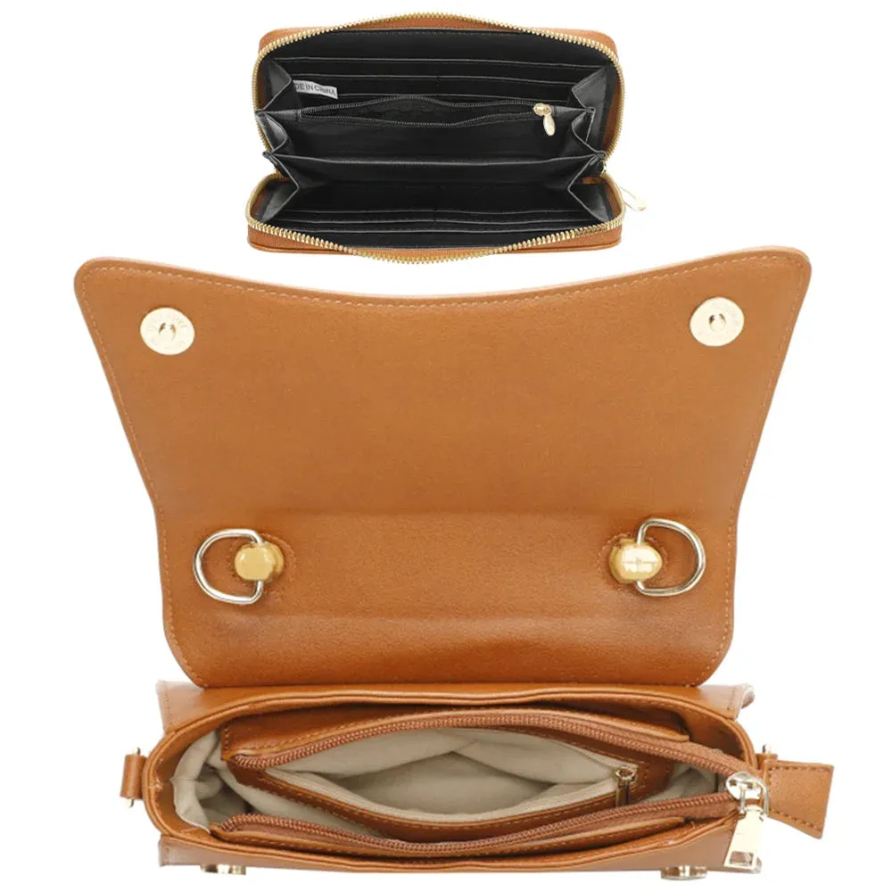 Plain Curved Wooden Handle Crossbody Bag With Wallet Set