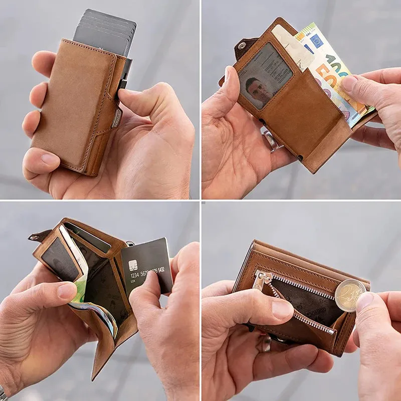 Pop-Up Card Case with RFID Protection Genuine Leather Wallet with Compartment for Notes and Coins