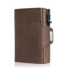 Pop-Up Card Case with RFID Protection Genuine Leather Wallet with Compartment for Notes and Coins