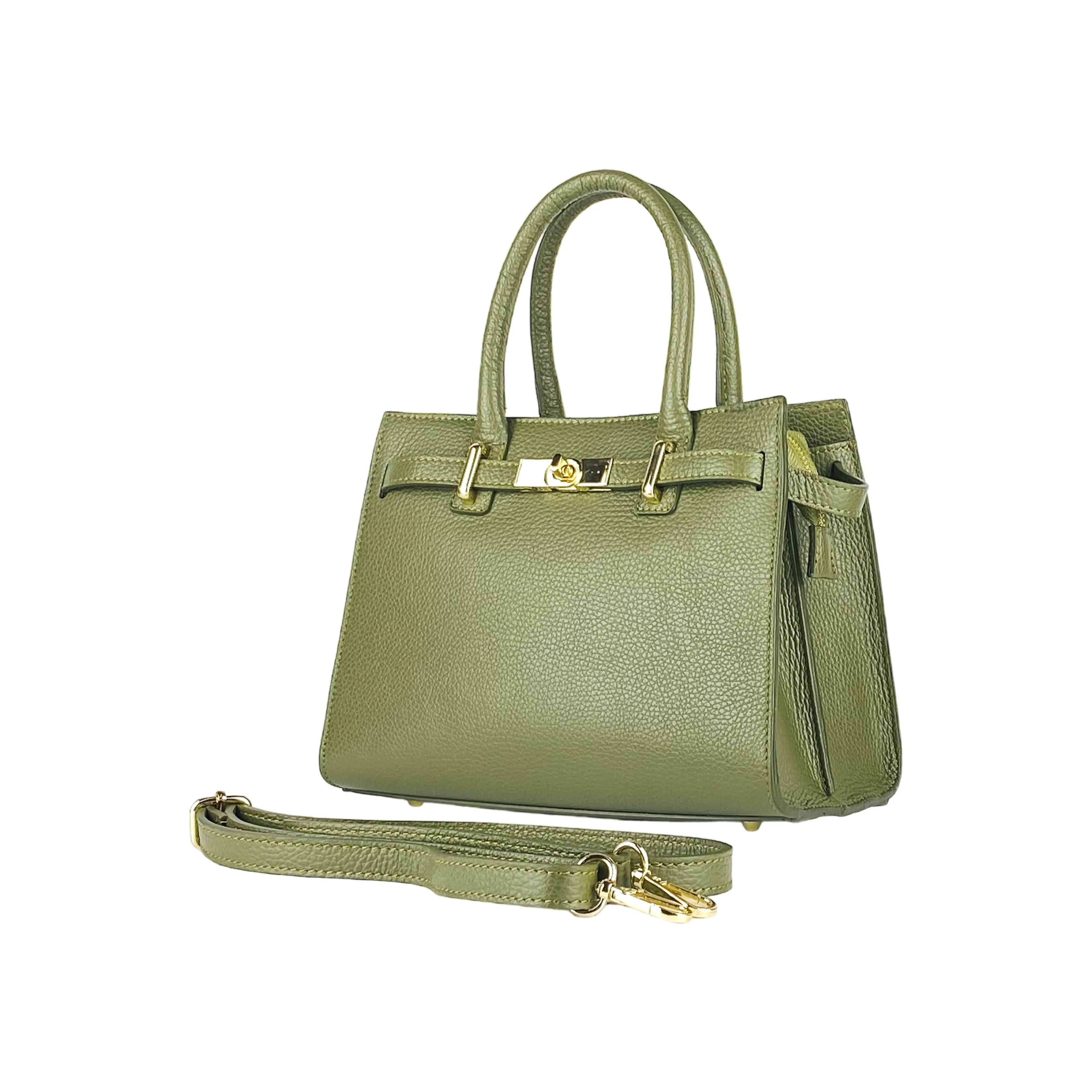 RB1016AG | Women's handbag  with removable shoulder strap. Shiny Gold metal snap hooks - Olive Green color