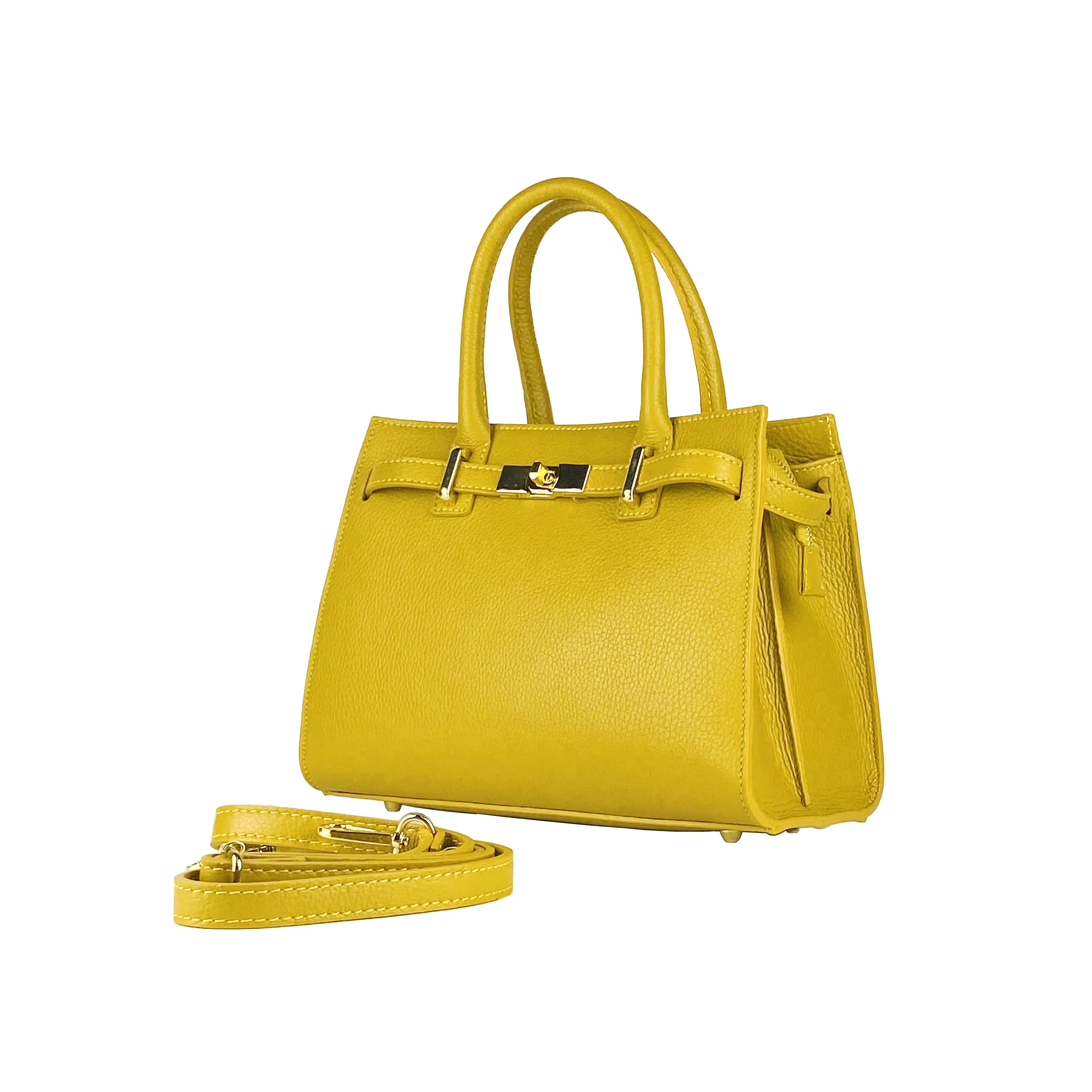 RB1016AR | Women's handbag removable shoulder strap. Attachments with shiny gold metal snap hooks - Mustard color