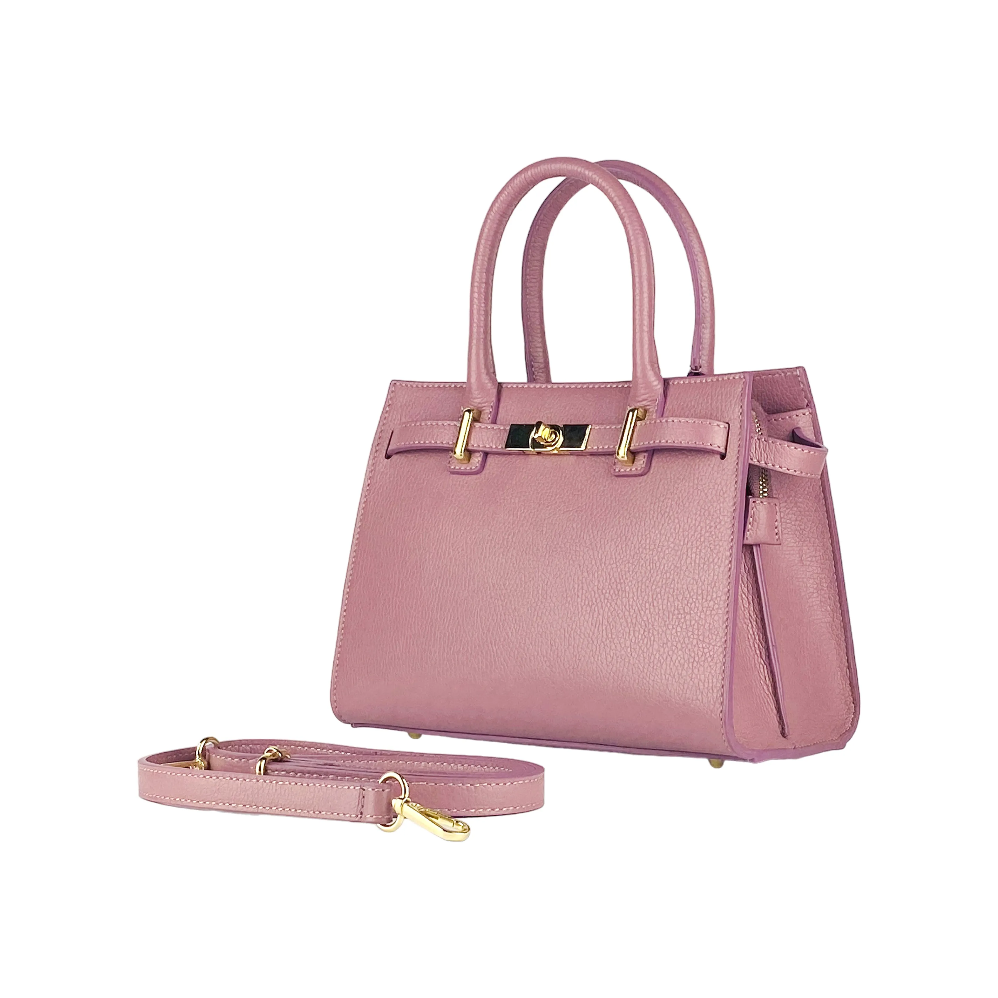 RB1016AZ | Women's handbag with removable shoulder strap. Shiny Gold metal snap hooks - Antique Pink color