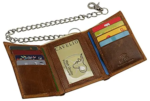 RFID Blocking Leather Chain Trifold with ID Window and Credit Card Pockets USA Series