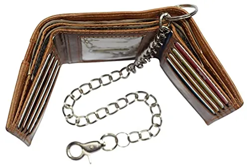 RFID Blocking Leather Chain Trifold with ID Window and Credit Card Pockets USA Series