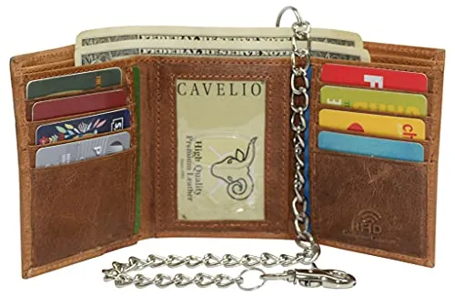 RFID Blocking Leather Chain Trifold with ID Window and Credit Card Pockets USA Series