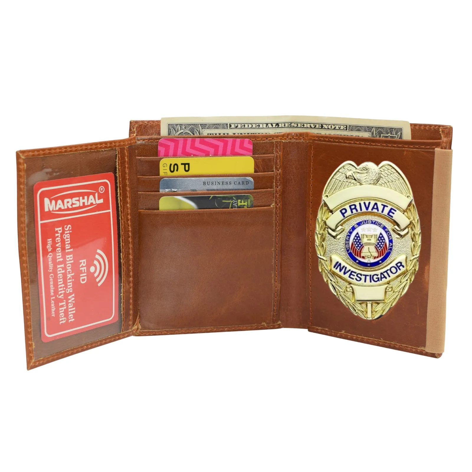 RFID Blocking Vintage Leather Badge Holder Bifold Trifold Wallet