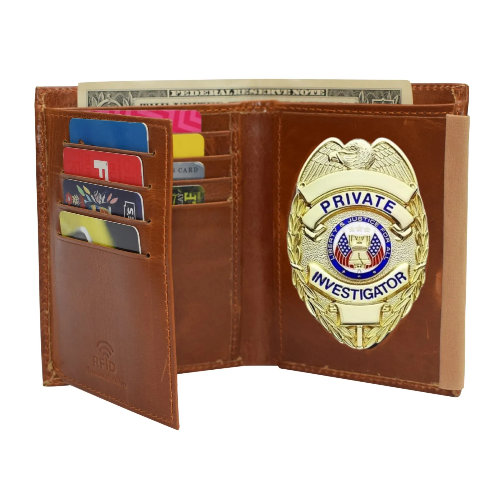 RFID Blocking Vintage Leather Badge Holder Bifold Trifold Wallet