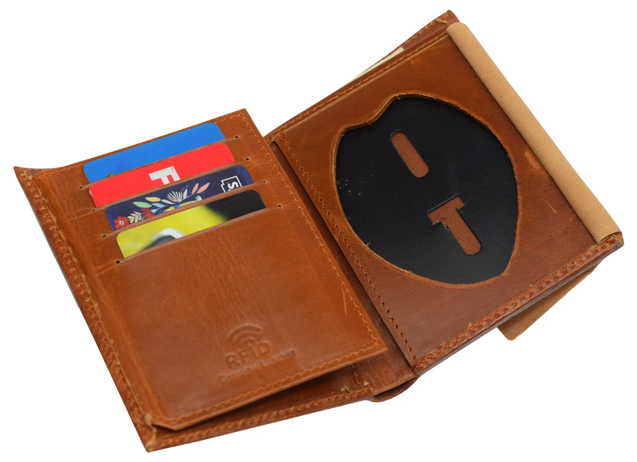 RFID Blocking Vintage Leather Badge Holder Bifold Trifold Wallet