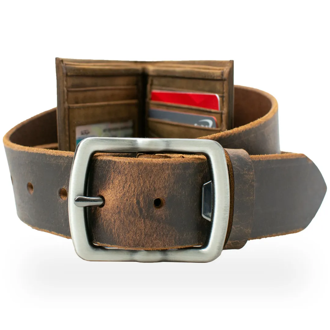 Rocky River Distressed Brown Belt & Wallet Set by Nickel Smart®