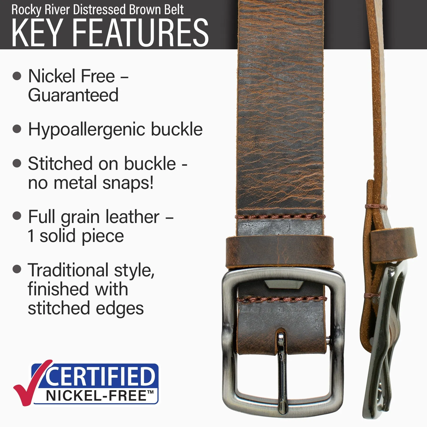 Rocky River Distressed Brown Belt & Wallet Set by Nickel Smart®