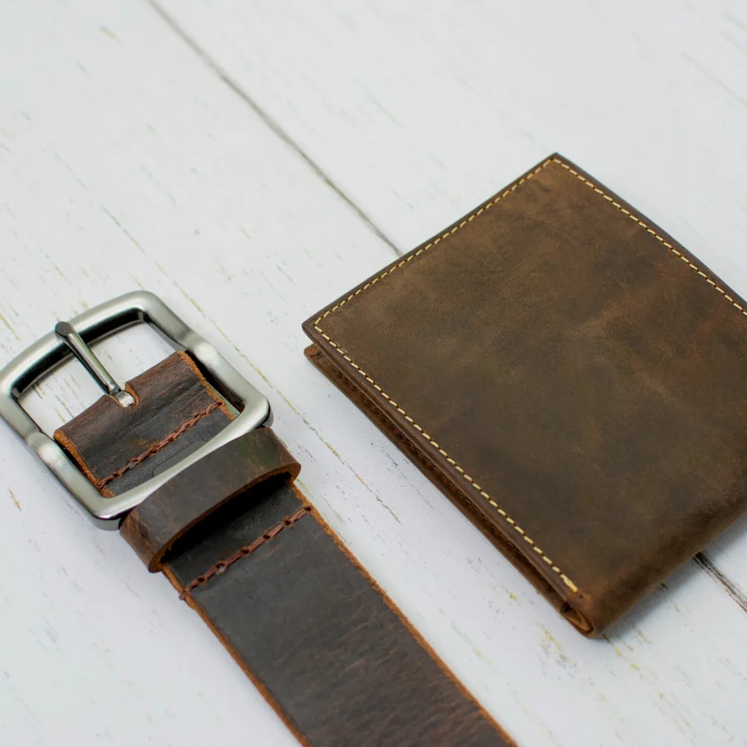 Rocky River Distressed Brown Belt & Wallet Set by Nickel Smart®