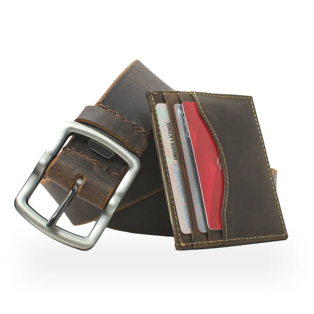 Rocky River Distressed Brown Belt & Wallet Set by Nickel Smart®