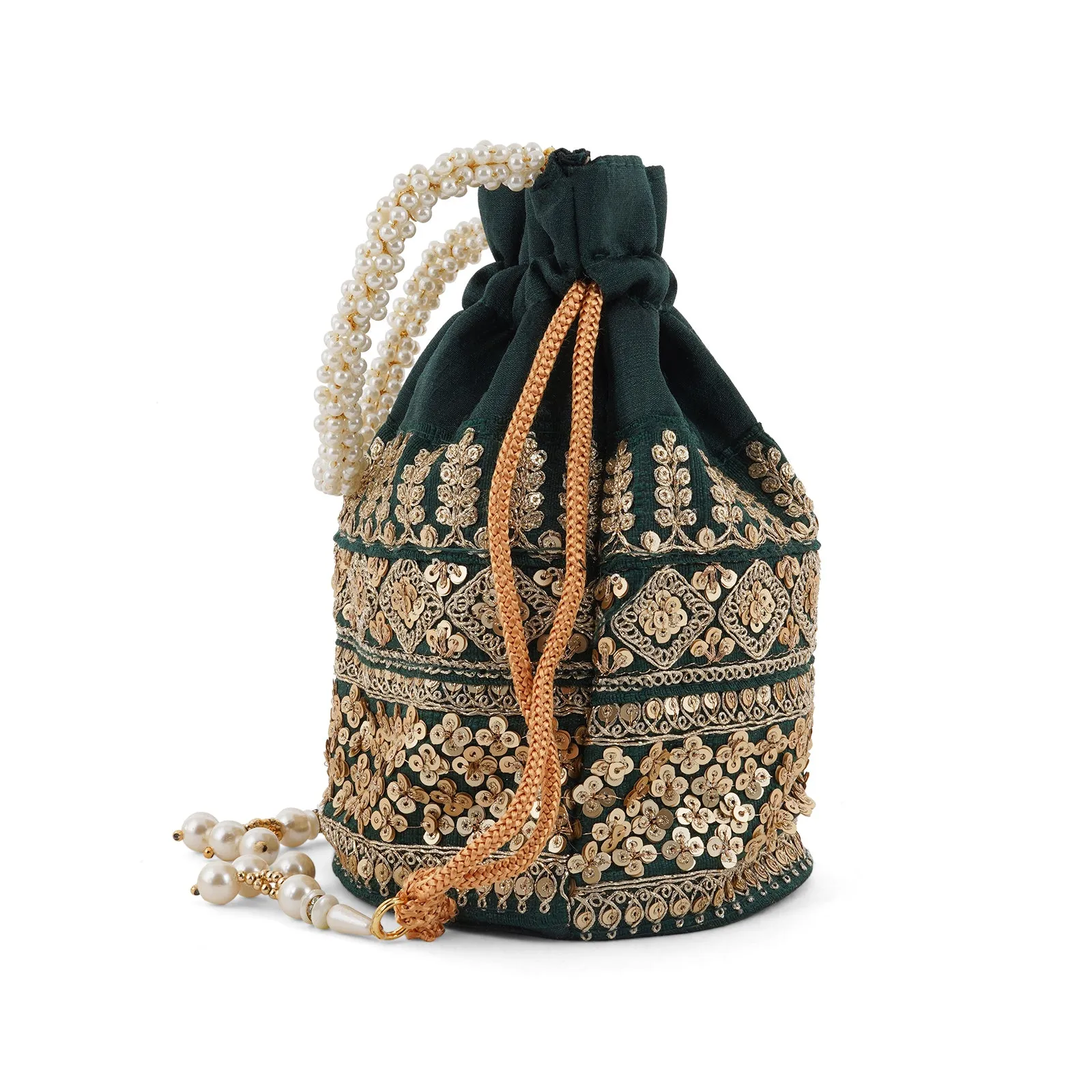 Royal Affair Bottle Green Embroidered Potli Bag