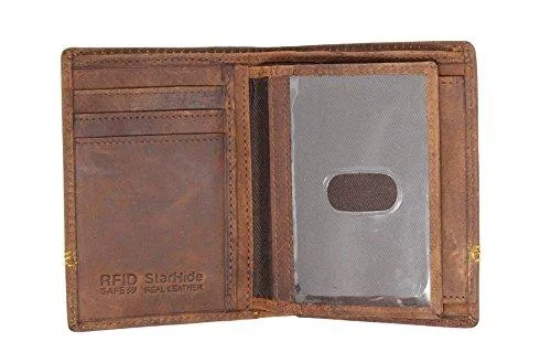 STARHIDE Mens RFID Blocking Distressed Hunter Leather Trifold Coin Pocket Wallet 1195 Brown