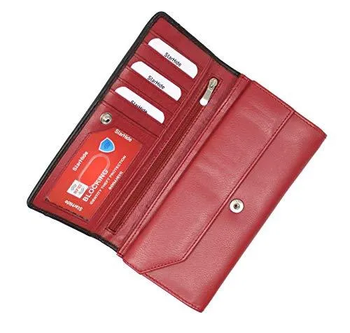 StarHide Women RFID Blocking Leather Flap Over Long Clutch Wallet Red Black 5560