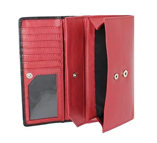 StarHide Women RFID Blocking Leather Flap Over Long Clutch Wallet Red Black 5560