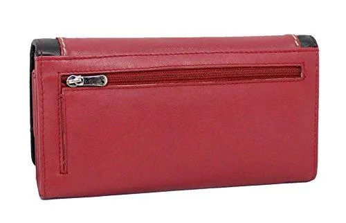 StarHide Women RFID Blocking Leather Flap Over Long Clutch Wallet Red Black 5560