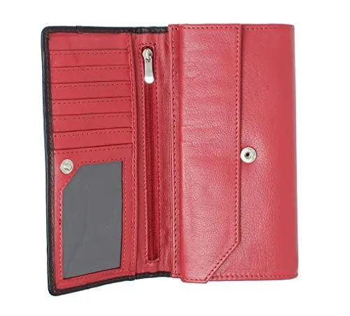 StarHide Women RFID Blocking Leather Flap Over Long Clutch Wallet Red Black 5560