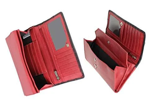 StarHide Women RFID Blocking Leather Flap Over Long Clutch Wallet Red Black 5560