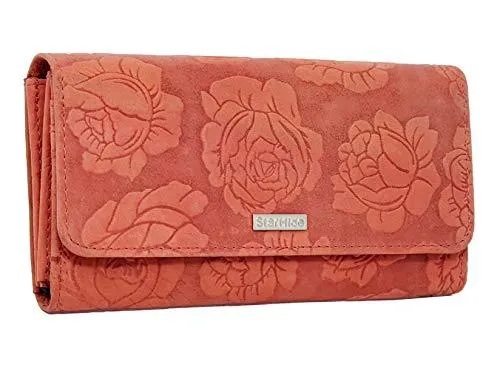 StarHide Womens RFID Protected Embossed Floral Purse Distressed Hunter Leather 5580 (Red)