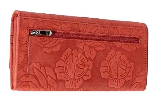 StarHide Womens RFID Protected Embossed Floral Purse Distressed Hunter Leather 5580 (Red)