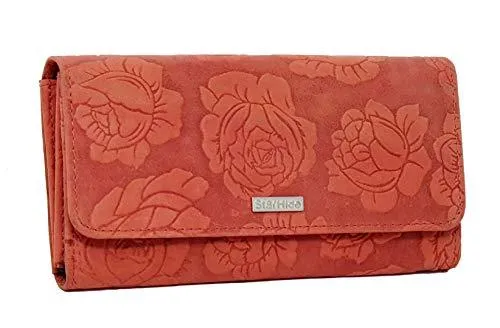 StarHide Womens RFID Protected Embossed Floral Purse Distressed Hunter Leather 5580 (Red)