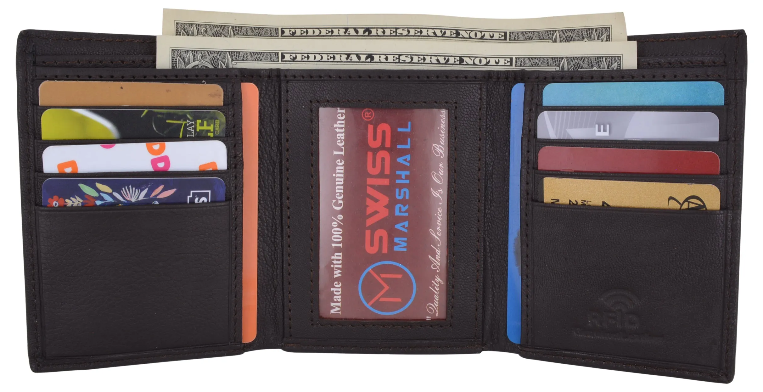 Swiss Marshall Executive Mens RFID Protected Trifold Genuine Leather Wallet ID Window