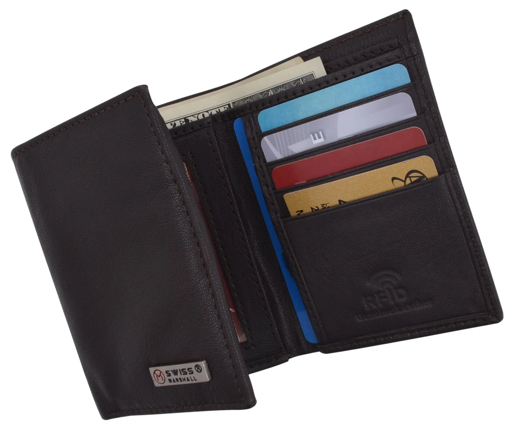 Swiss Marshall Executive Mens RFID Protected Trifold Genuine Leather Wallet ID Window