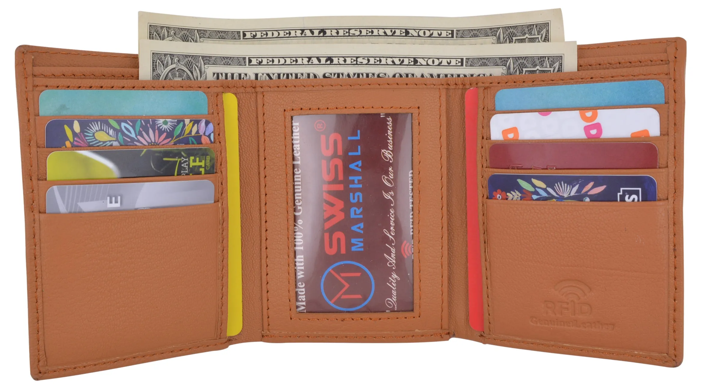 Swiss Marshall Executive Mens RFID Protected Trifold Genuine Leather Wallet ID Window