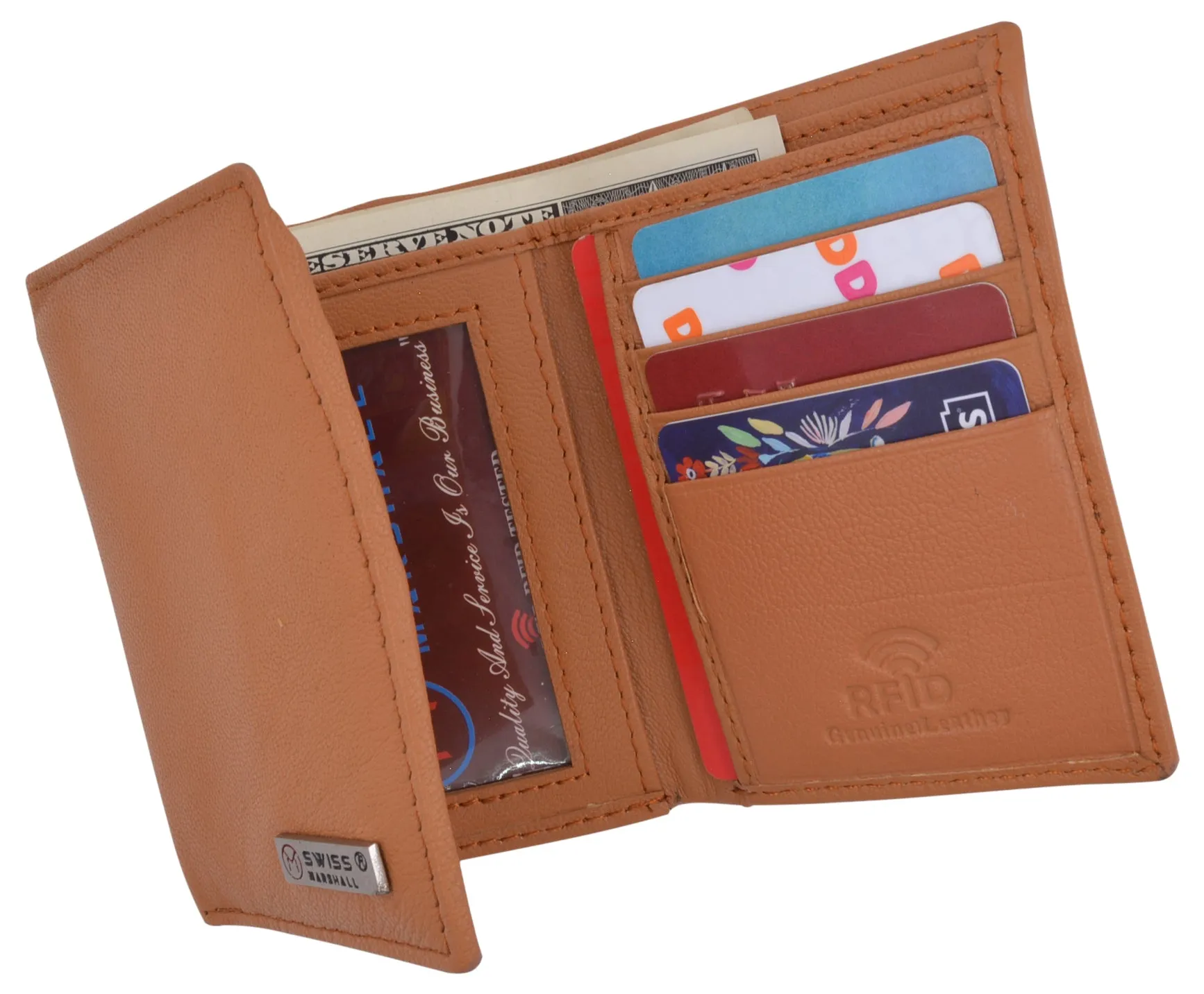 Swiss Marshall Executive Mens RFID Protected Trifold Genuine Leather Wallet ID Window