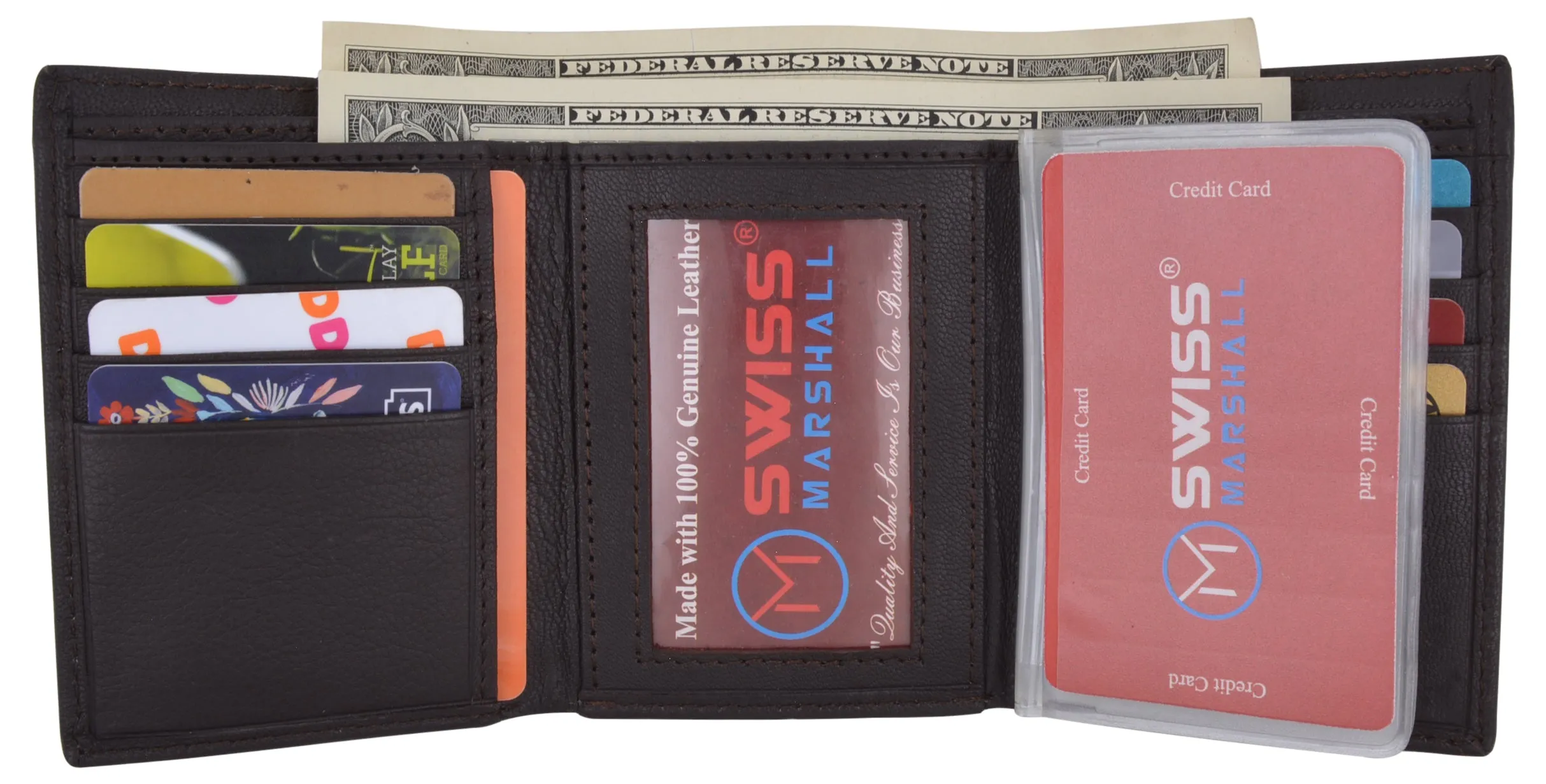 Swiss Marshall Executive Mens RFID Protected Trifold Genuine Leather Wallet ID Window