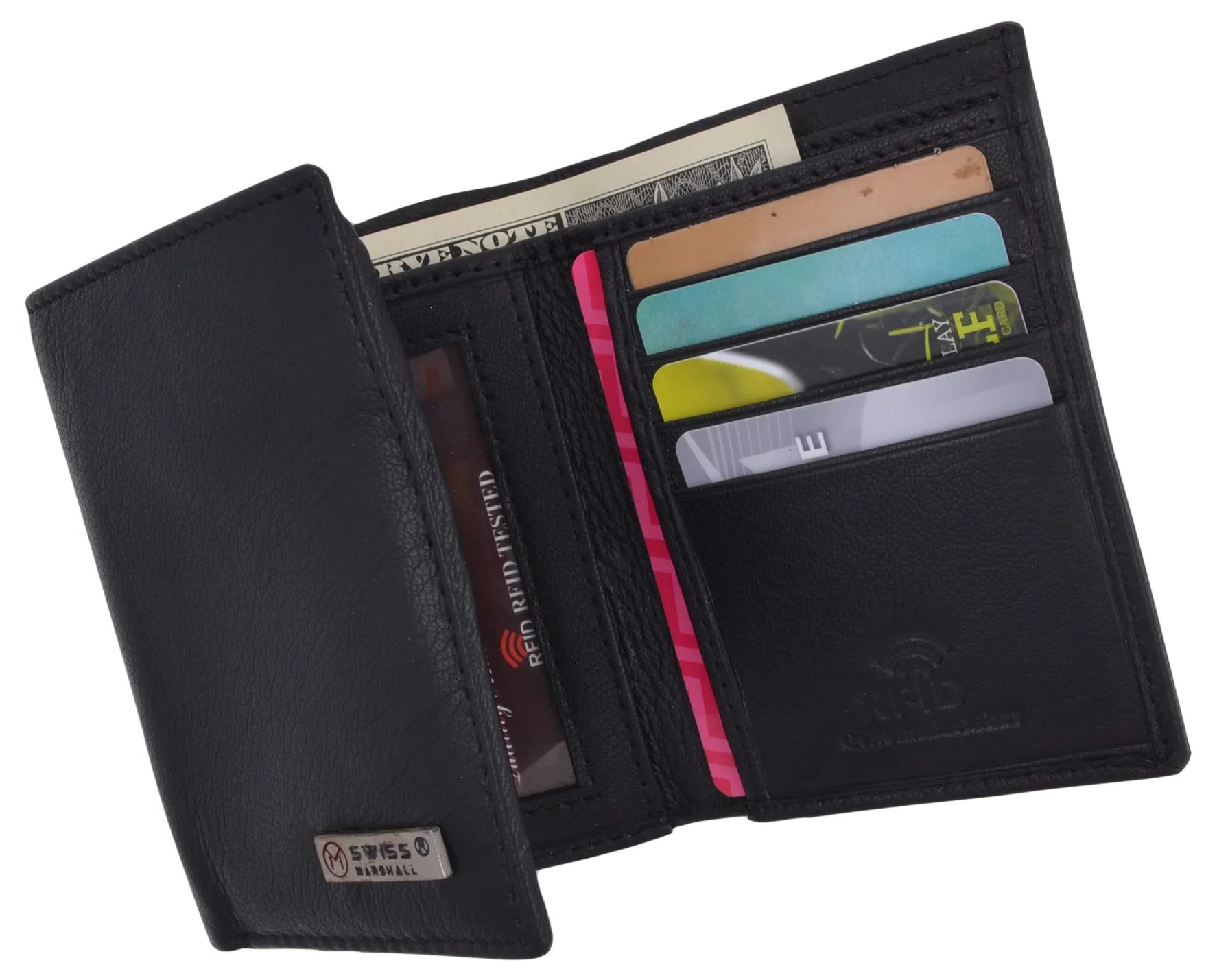 Swiss Marshall Executive Mens RFID Protected Trifold Genuine Leather Wallet ID Window