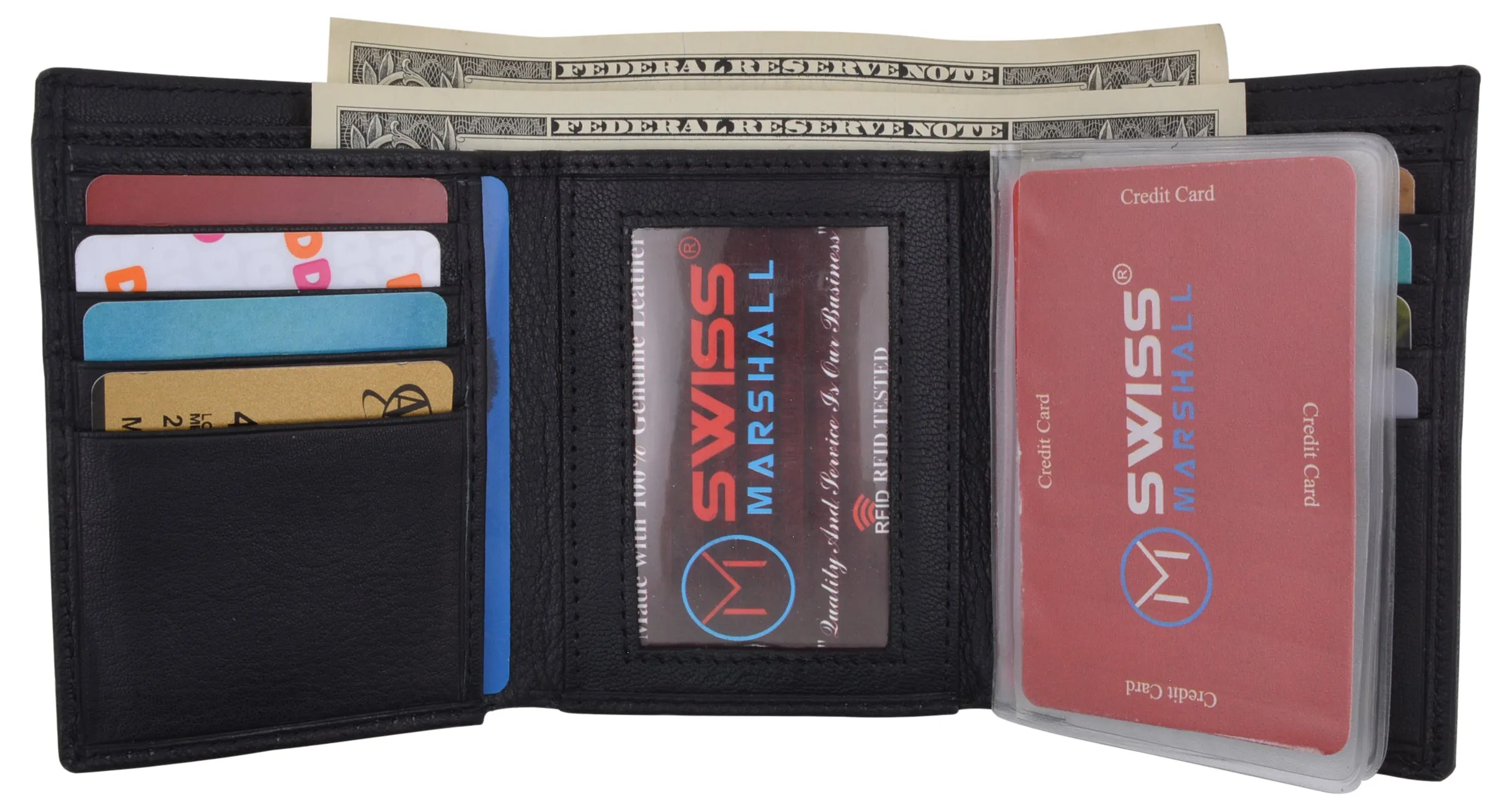 Swiss Marshall Executive Mens RFID Protected Trifold Genuine Leather Wallet ID Window