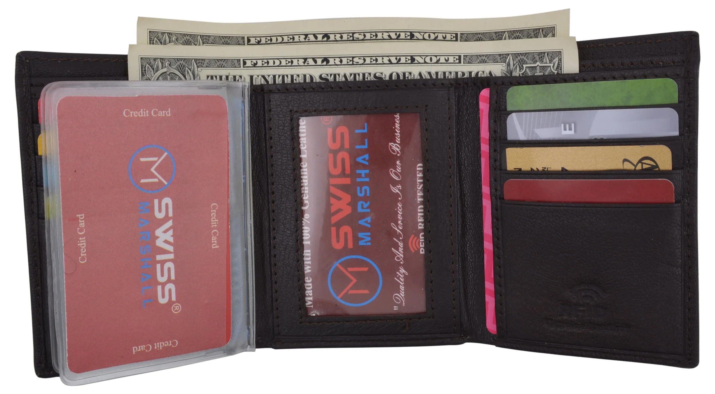 Swiss Marshall Mens Trifold Wallet RFID Blocking Genuine Leather Bifold ID Window