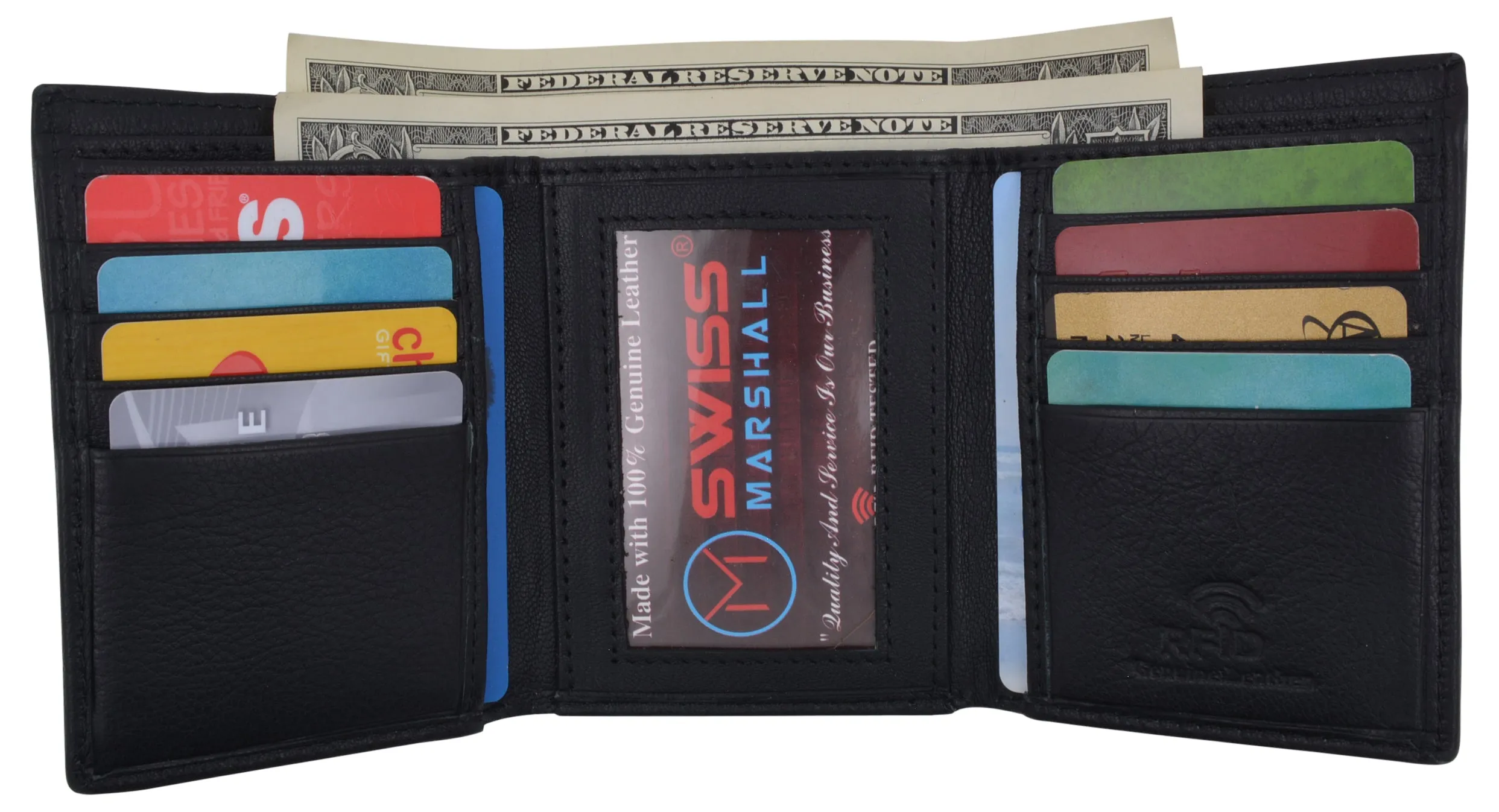 Swiss Marshall Mens Trifold Wallet RFID Blocking Genuine Leather Bifold ID Window