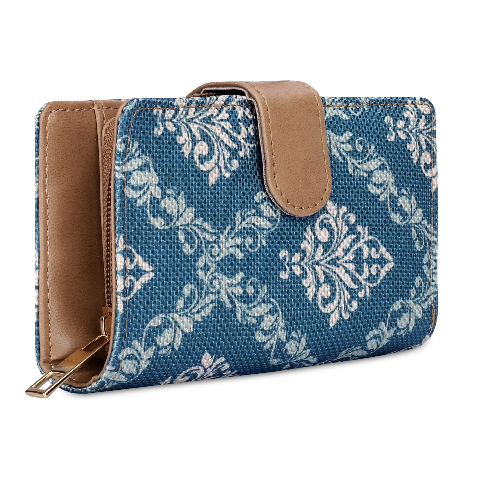 THE CLOWNFISH Fab Series Printed Handicraft Fabric & Vegan Leather Ladies Wallet Clutch Purse for Women Girls with Multiple Compartments (Cerulean Blue)