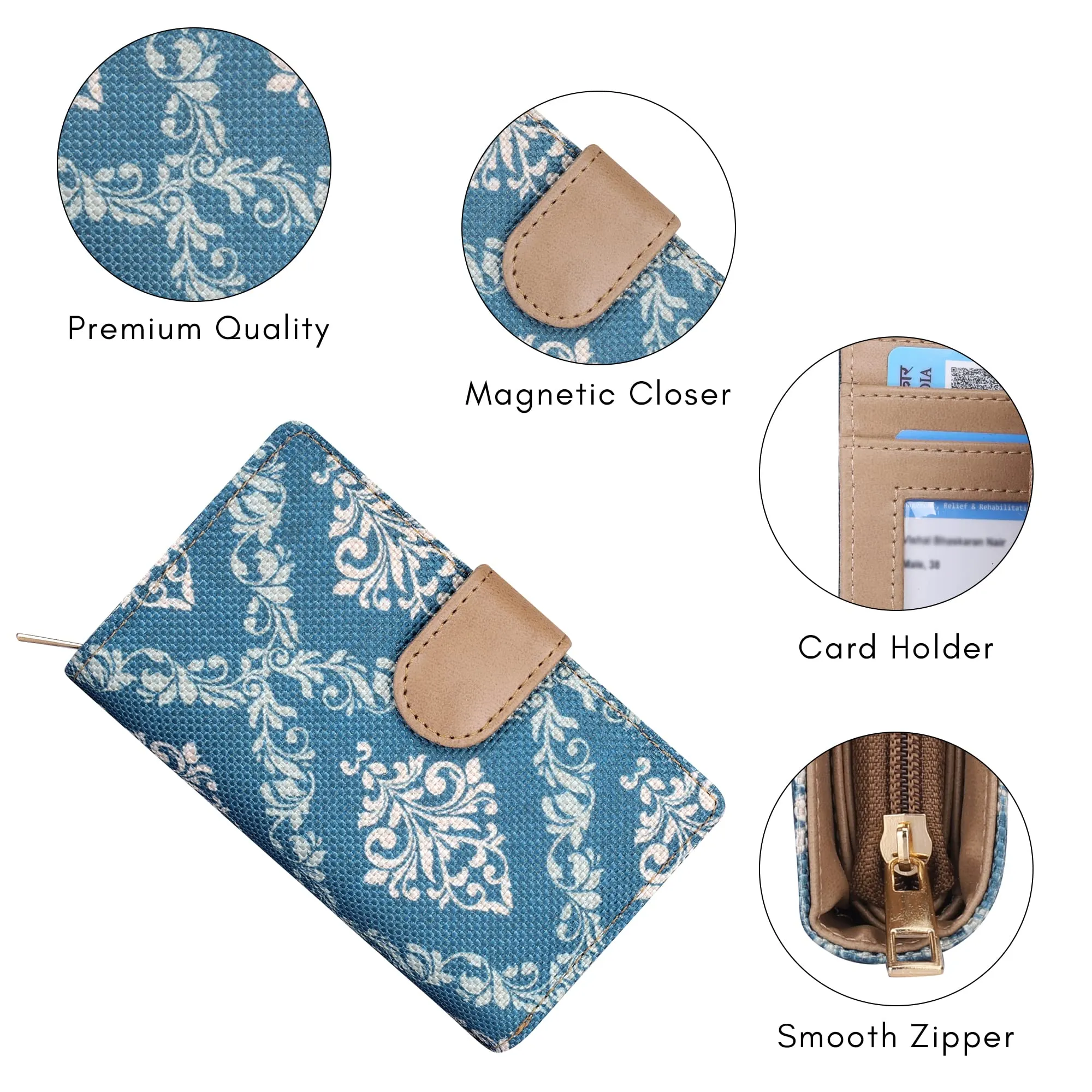 THE CLOWNFISH Fab Series Printed Handicraft Fabric & Vegan Leather Ladies Wallet Clutch Purse for Women Girls with Multiple Compartments (Cerulean Blue)