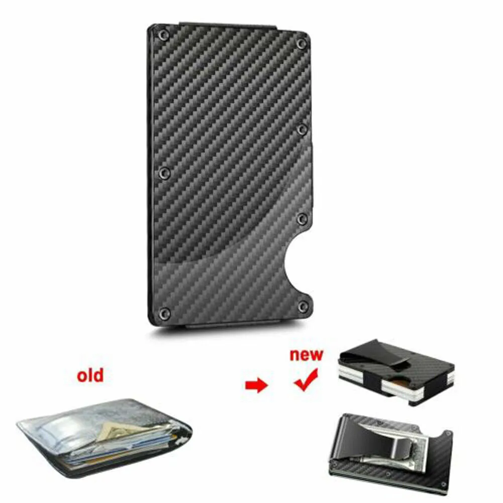 US 1-2 Carbon Fiber Wallet Smart Clip Credit Card Holder Metal Rigid RFID Block