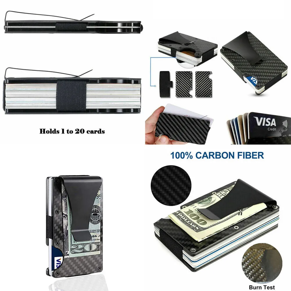 US 1-2 Carbon Fiber Wallet Smart Clip Credit Card Holder Metal Rigid RFID Block