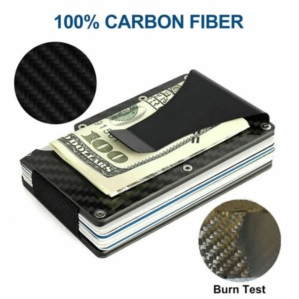 US 1-2 Carbon Fiber Wallet Smart Clip Credit Card Holder Metal Rigid RFID Block