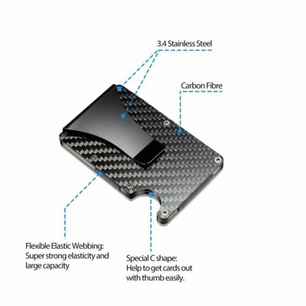 US 1-2 Carbon Fiber Wallet Smart Clip Credit Card Holder Metal Rigid RFID Block