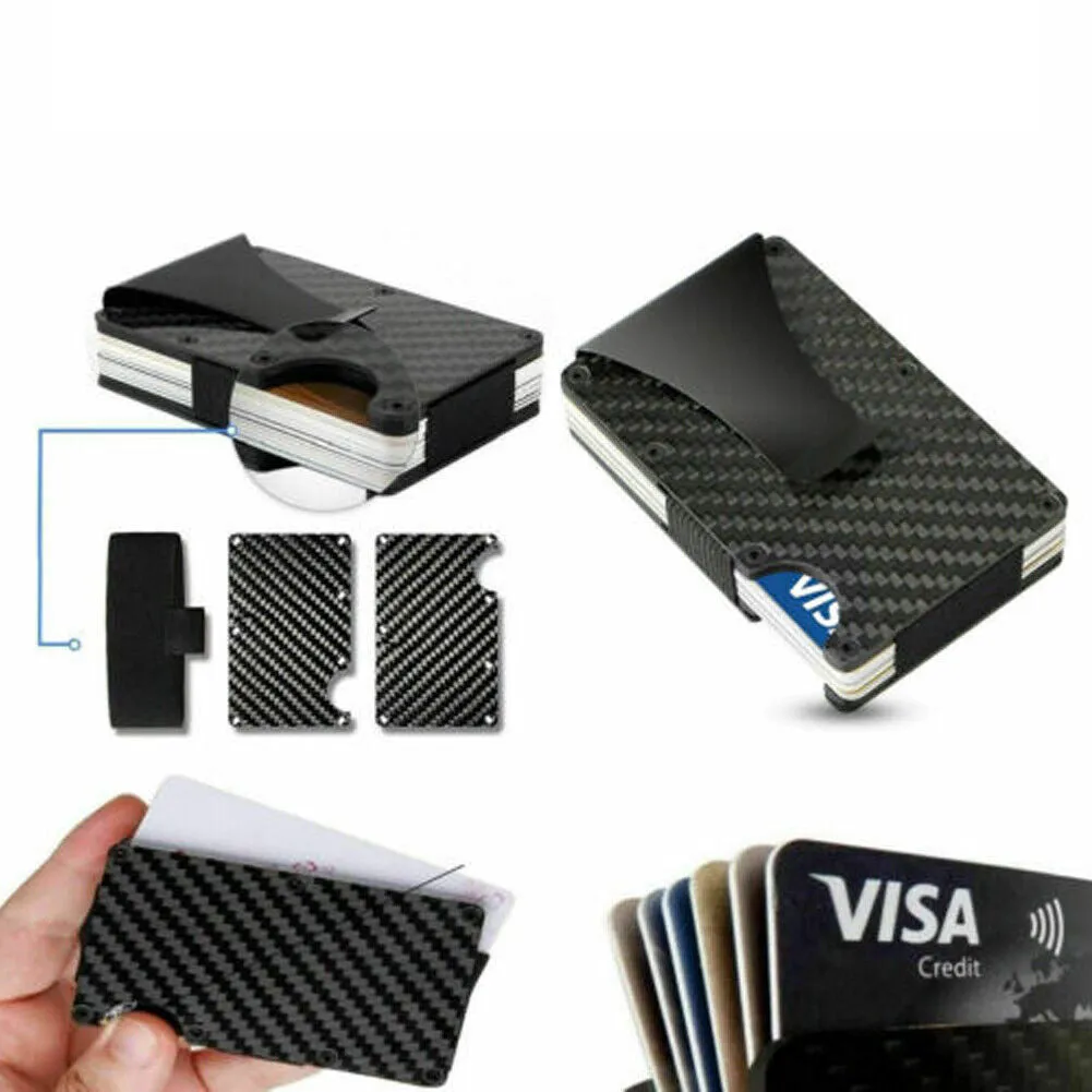 US 1-2 Carbon Fiber Wallet Smart Clip Credit Card Holder Metal Rigid RFID Block