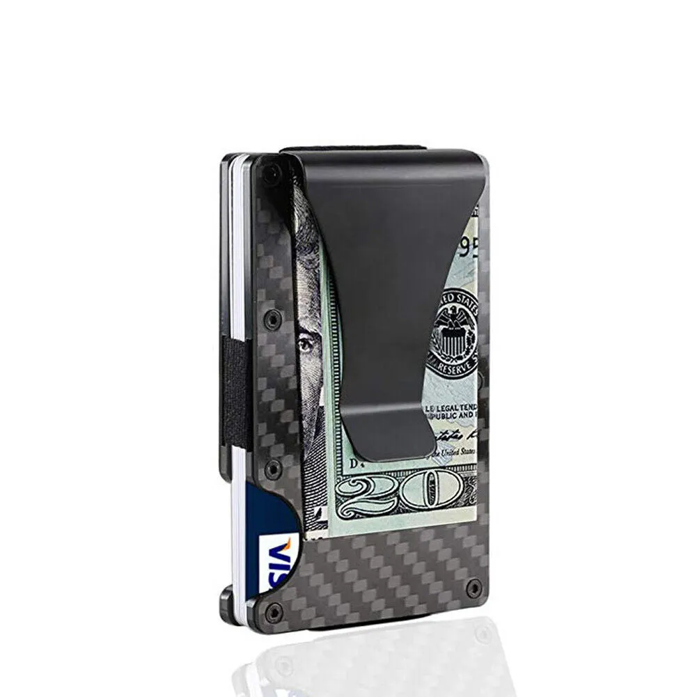 US 1-2 Carbon Fiber Wallet Smart Clip Credit Card Holder Metal Rigid RFID Block