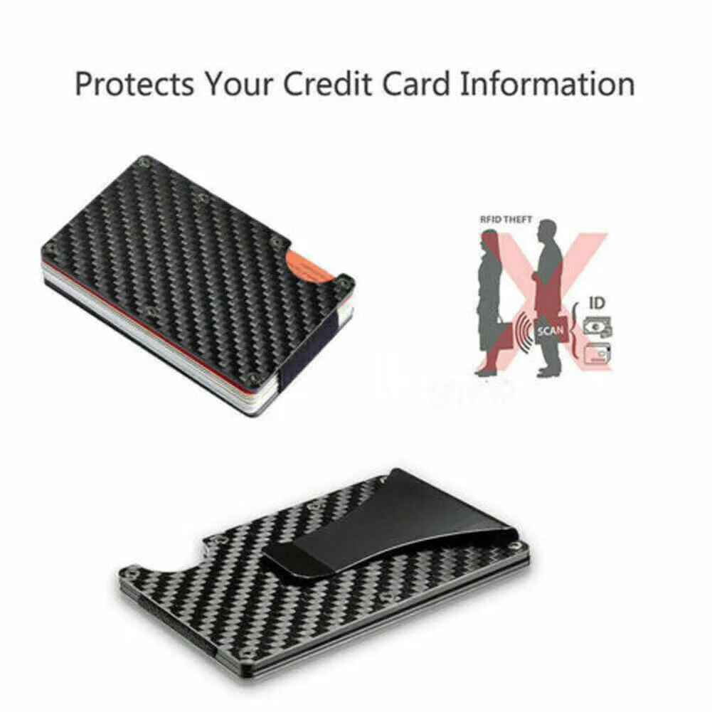 US 1-2 Carbon Fiber Wallet Smart Clip Credit Card Holder Metal Rigid RFID Block