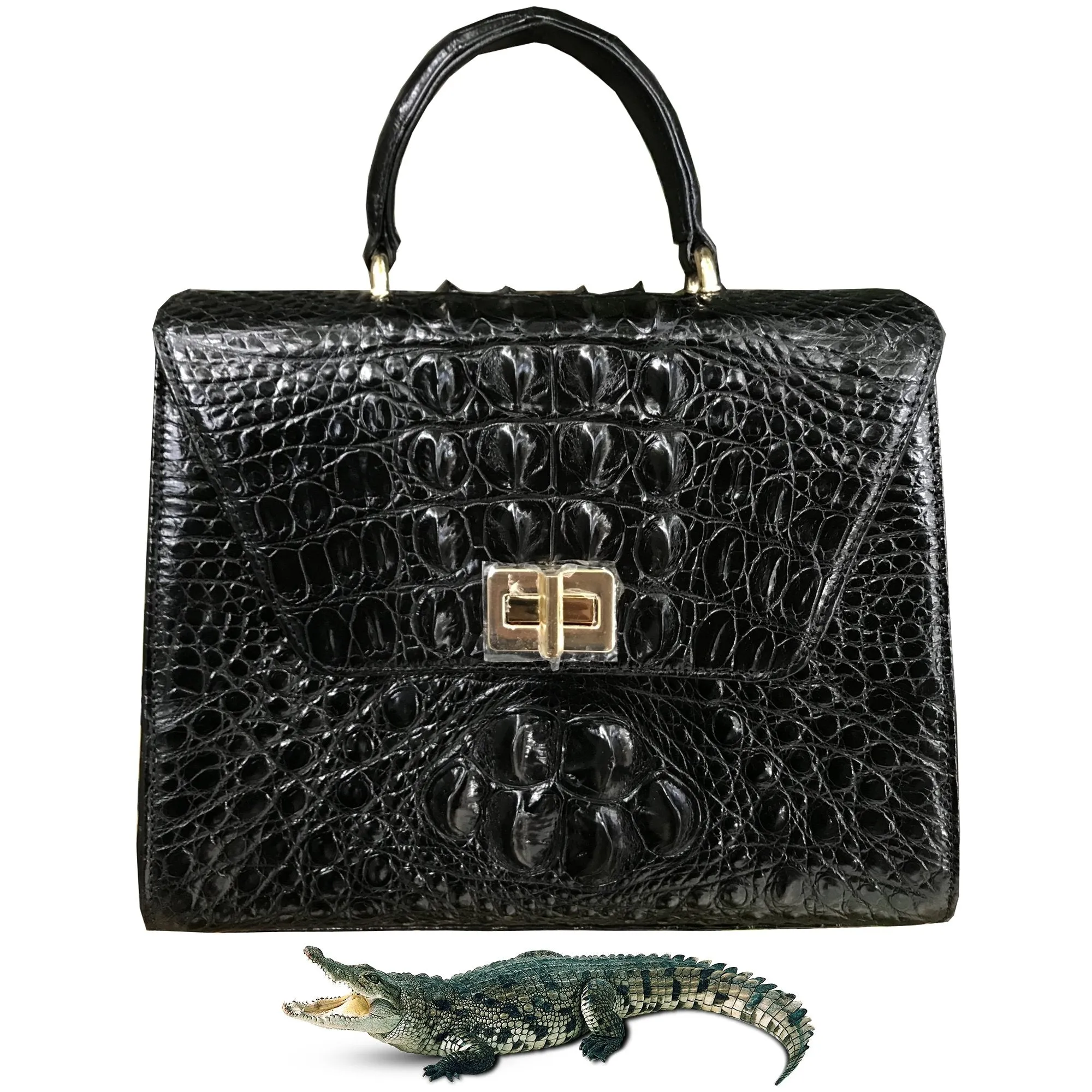 Women Crocodile Handbags Top Handle Alligator Leather Shoulder Messenger Bag Lady Fashion Daily Totes - Black